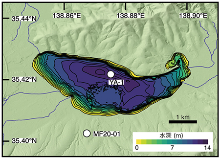 富士山噴火 図1：堆積物コア採取地点（YA-1）と陸上掘削調査地点（MF20-01）