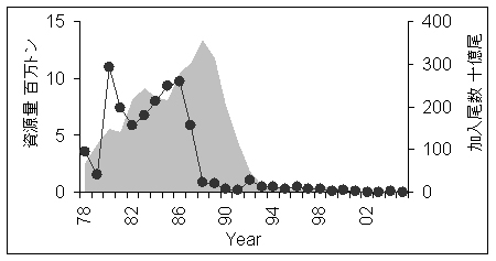 マイワシの親魚資源量（面）と新規加入尾数（●）