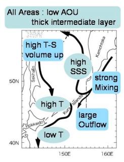 千島列島付近の潮汐鉛直混合が強い時期の、オホーツク海・親潮域の表・中層水塊変動模式図