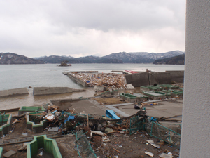 ひょうたん島への堤防は消失、防潮堤も水没し、水際が数メートル後退。